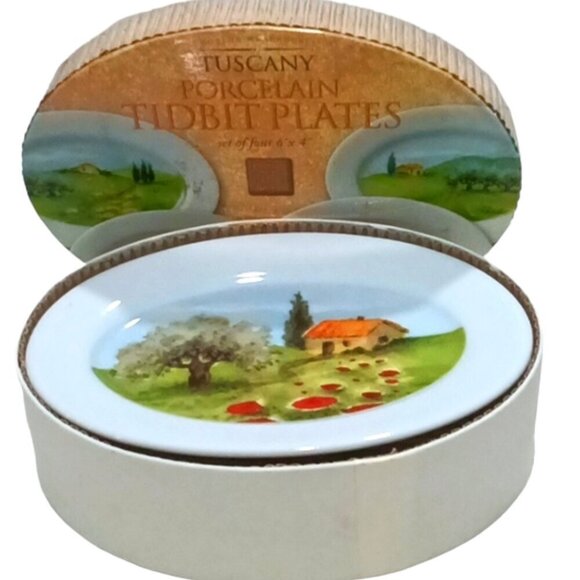Vintage Box Set of 4 Boston Warehouse Scenes From Tuscany Painted Tidbit Plates - Picture 1 of 9